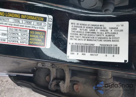 2011 Honda Civic Lx из США, поврежденный, VIN 2HGFA1F52BH532687